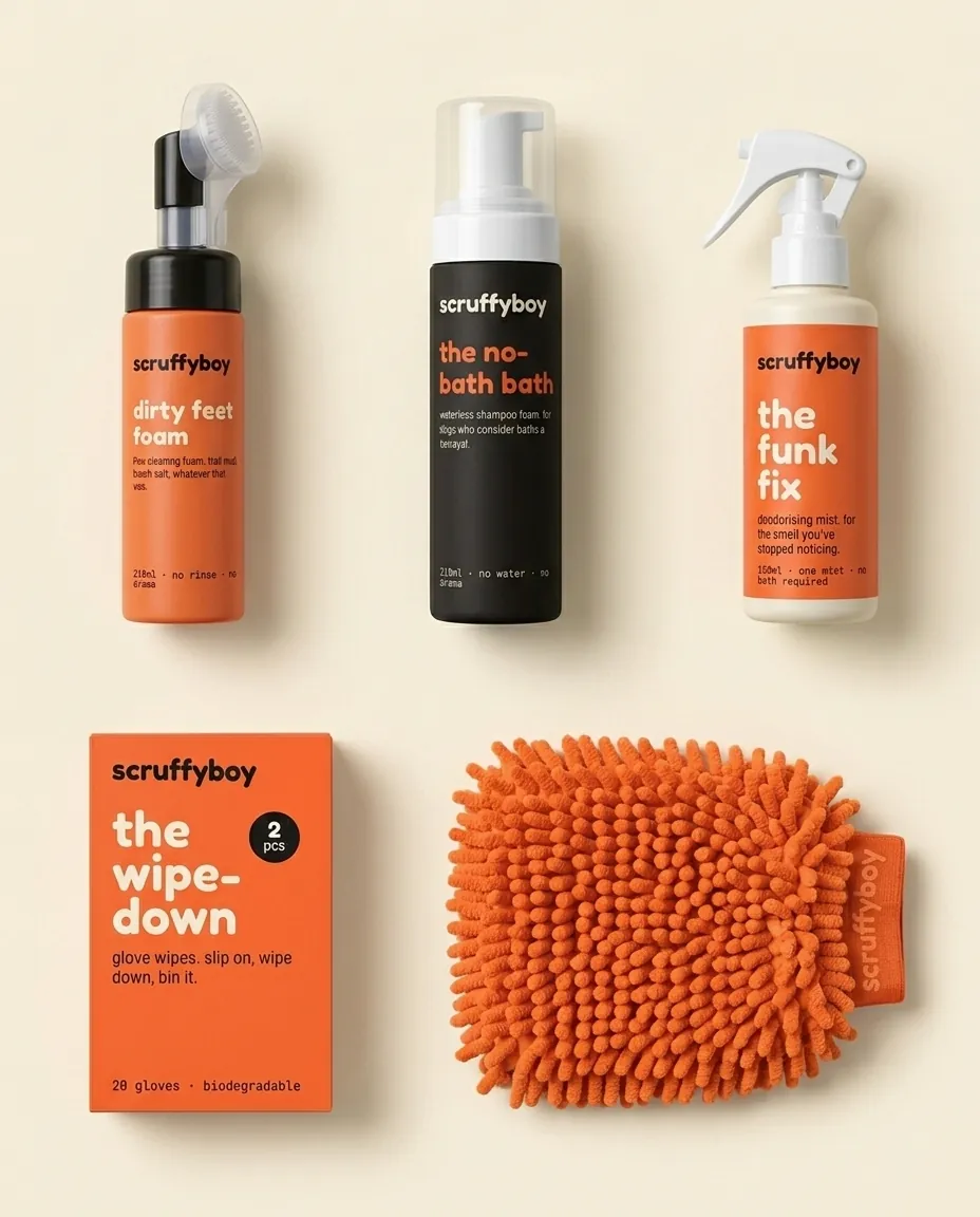 A flat-lay of grooming products on a plain background