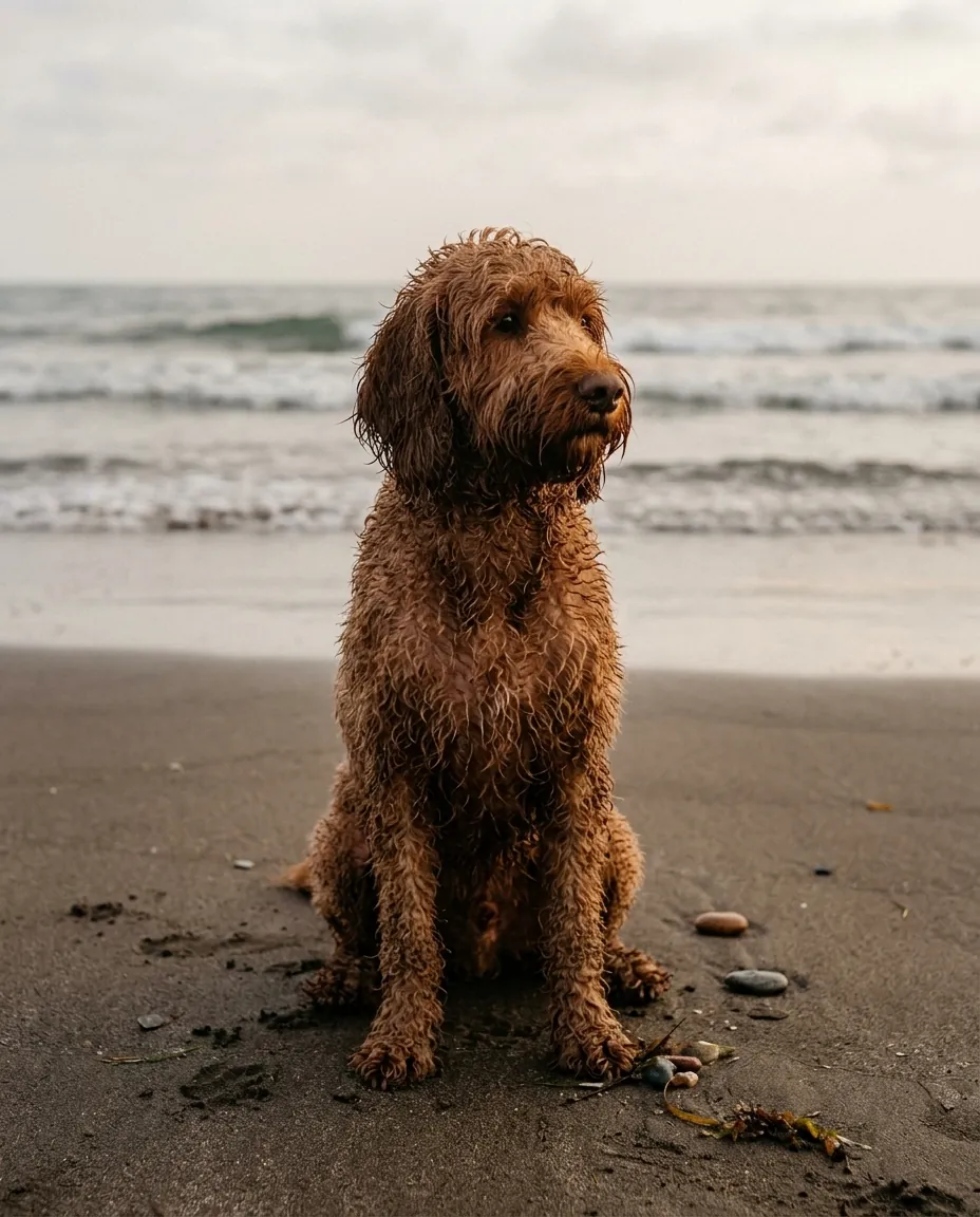 Moose muddy and grinning at the beach