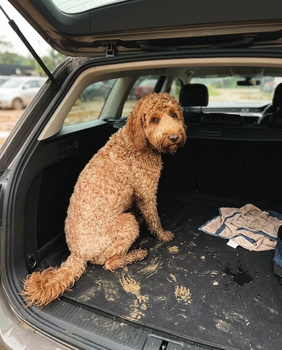 A muddy dog in the boot of a car