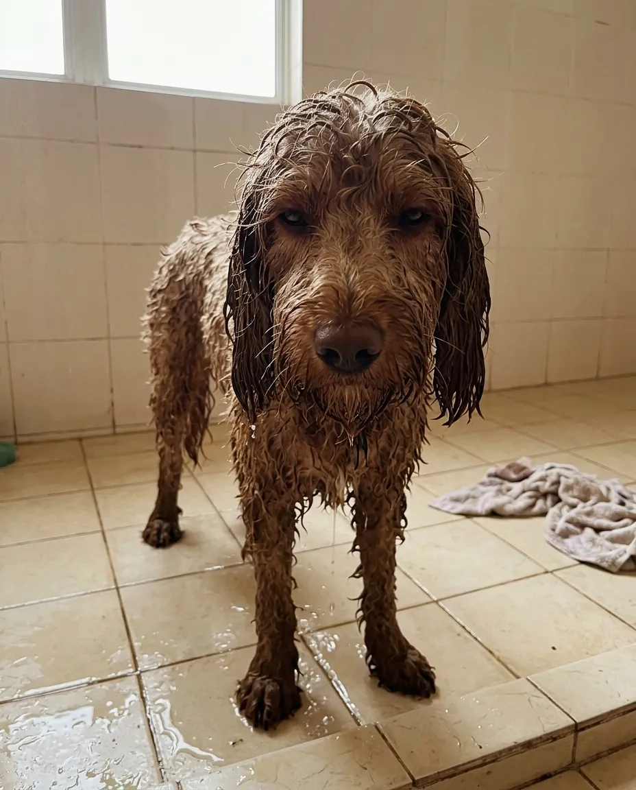A soaked dog just out of a wash, coat flat and dripping